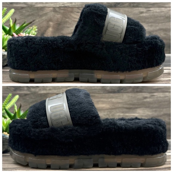 NIB UGG Australia Fluffita 9 40 Black Clear Platform Slide Slipper Sandals - Picture 6 of 12